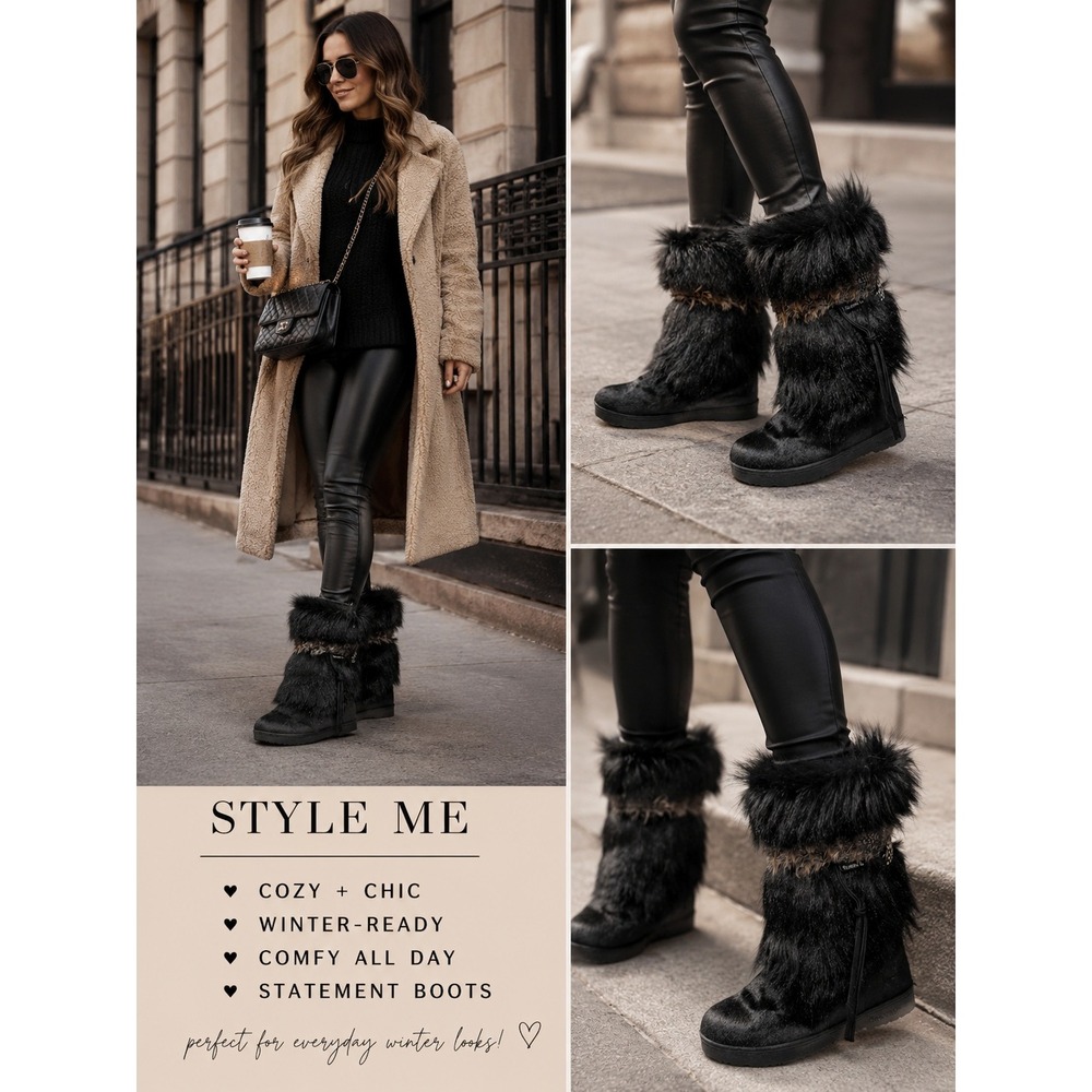 Bearpaw Kola II 2 Black Cow Hair Goat Fur Exotic Boots Women 8 Statement Fashion